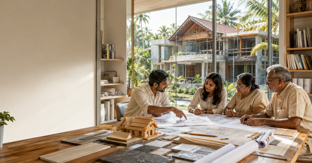 Architects in Kochi discussing custom home plans with a Kerala family in a modern architecture studio.