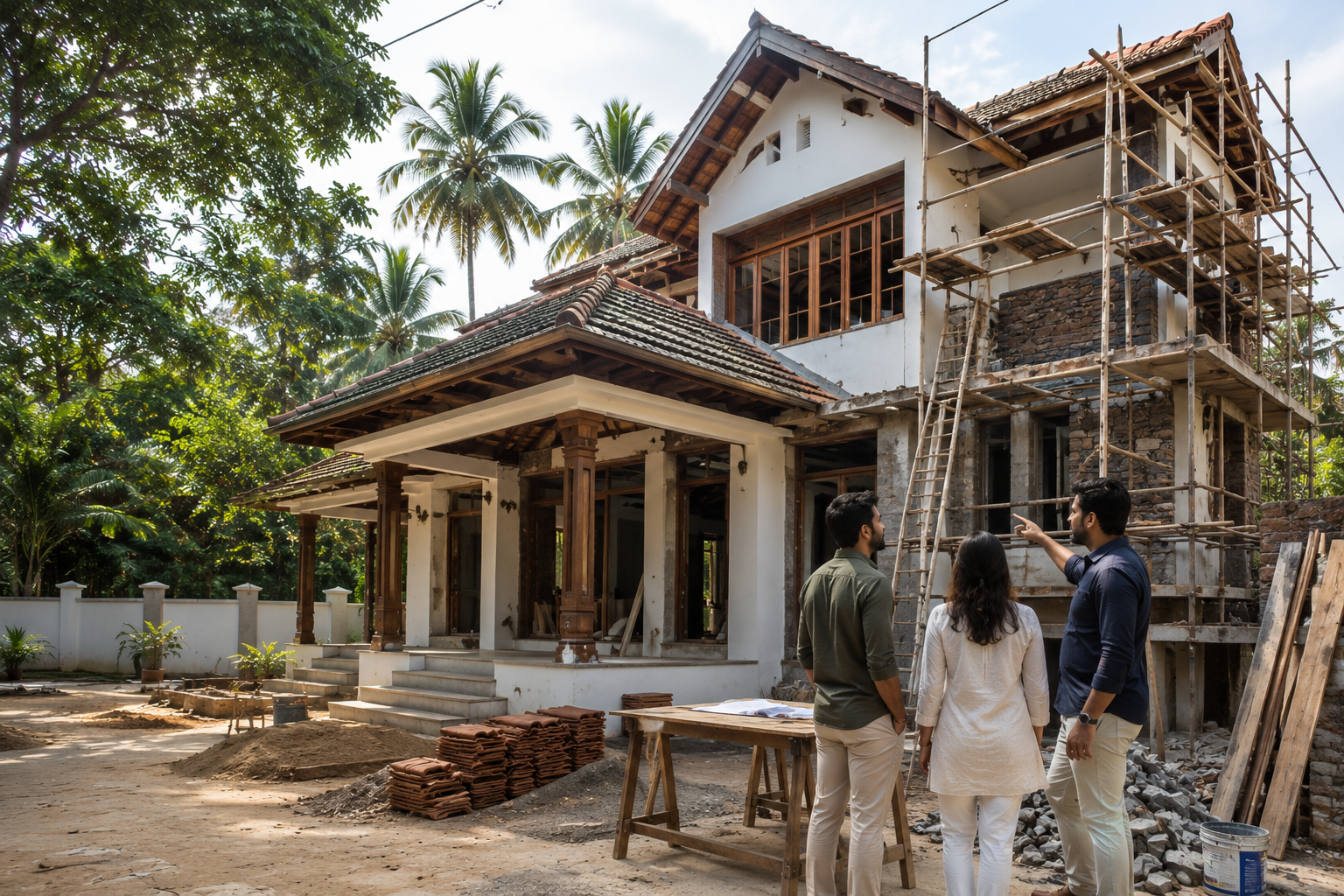 House renovation project in progress at a traditional Kerala home, where an architect discusses renovation plans with homeowners beside bamboo scaffolding, exposed laterite stone walls, construction materials, and restored wooden elements, showcasing the expertise of an architecture firm in Kerala.