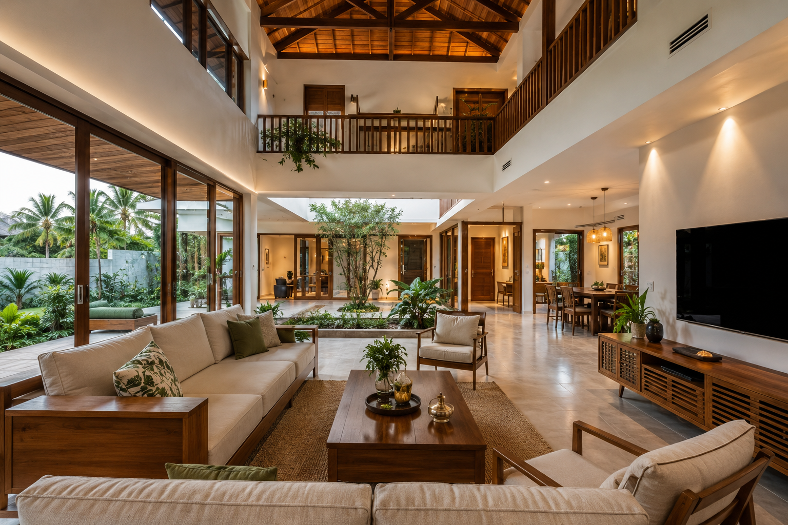 Contemporary Kerala home interior with a double-height ceiling, wooden rafters, indoor courtyard, and large sliding glass doors, showcasing the design expertise of experienced architects in Kerala.
