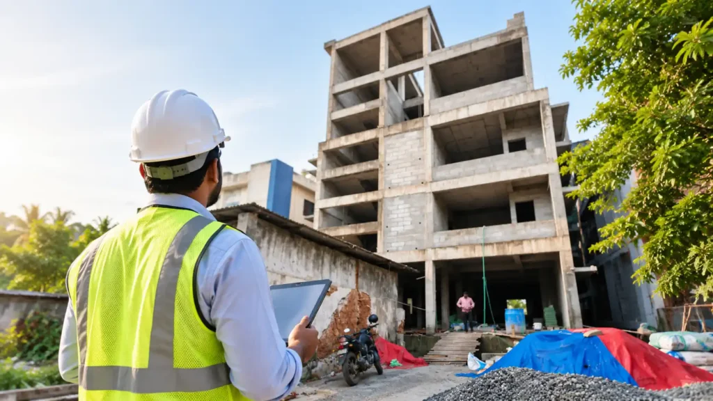 Construction site supervision Kerala for a multi-story building project with professional site monitoring.