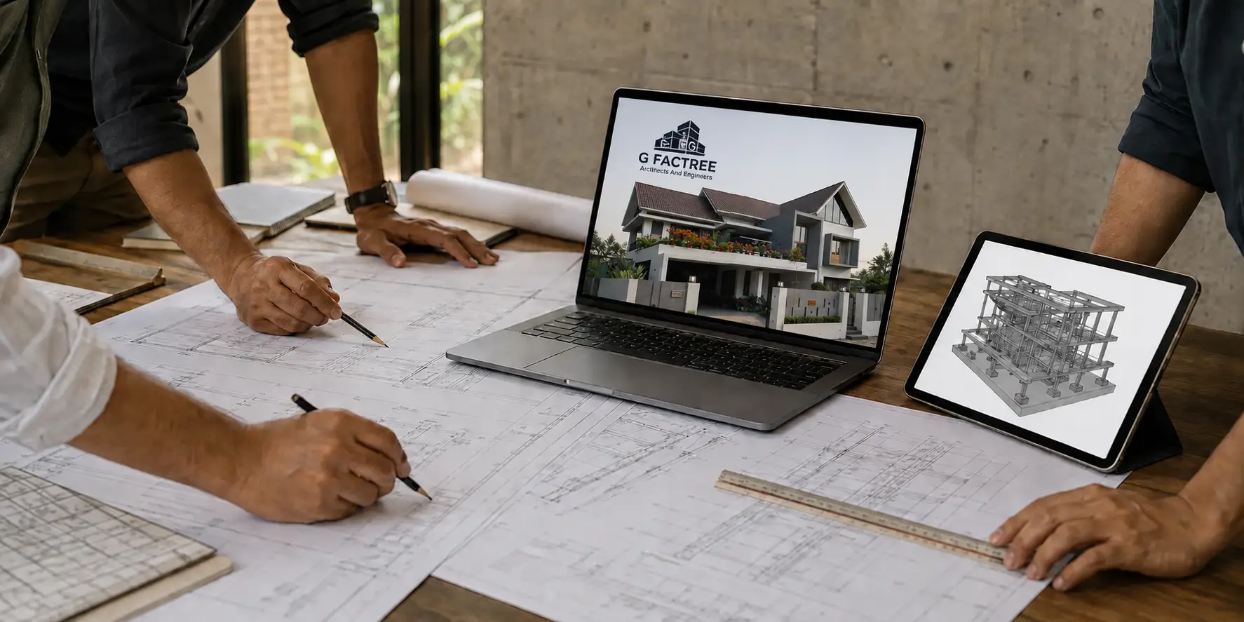 Architects in Kerala collaborating on a modern home design using structural drawings and a BIM model.