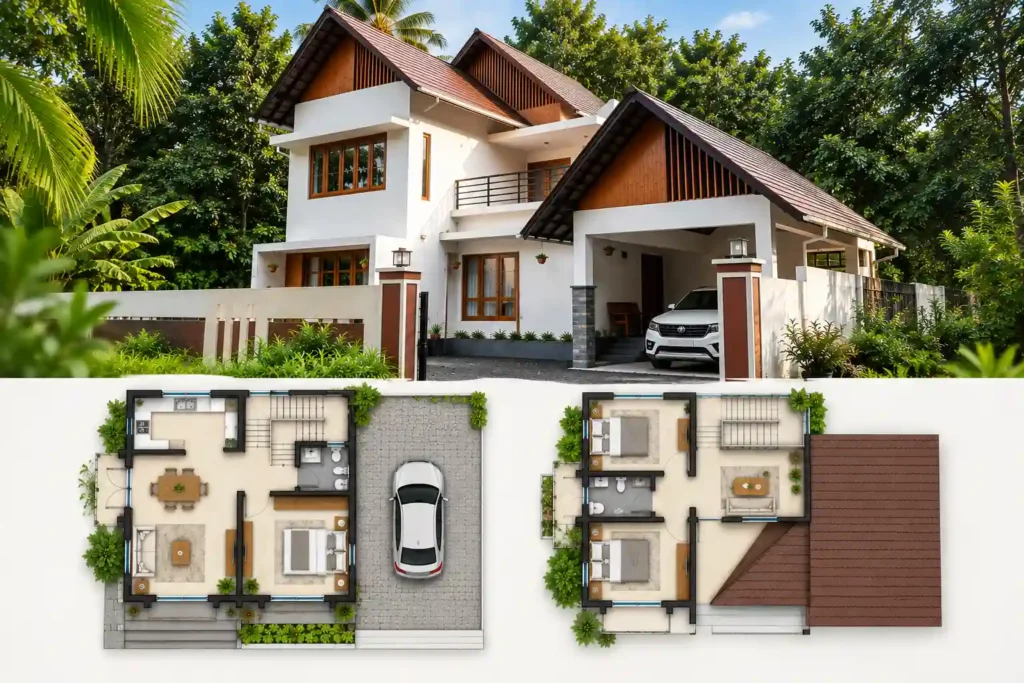 3D Architectural Visualization showing a modern two-story home with detailed ground and first-floor plans.
